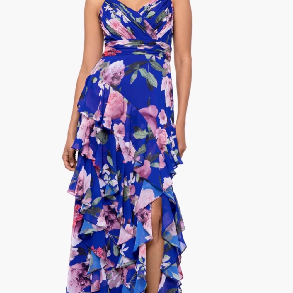 Xscape chiffon blue floral long tiered ruffle dress NWT